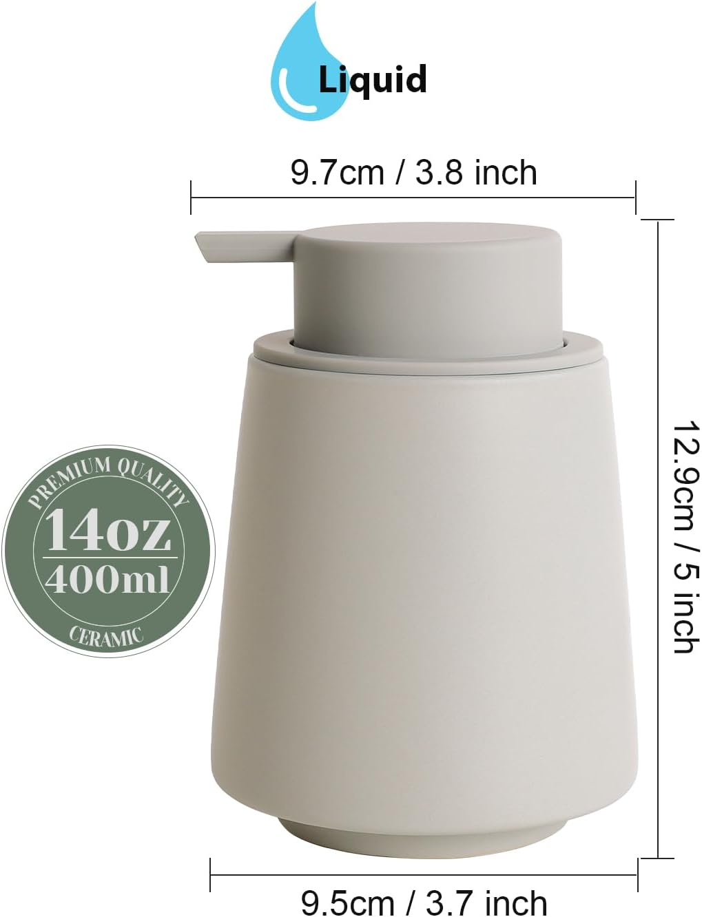 INGOFIN Ceramic Soap Dispenser -14 oz Bathroom Hand Soap Dispenser Liquid Dispenser with Pump Refillable Modern Lotion Dish Dispenser for Kitchen Matte Grey