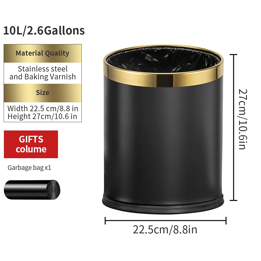 10L/2.6GAL Black and Gold Open Top Trash Can - Metal Trash Bin Without Lid for Office, Hotel, Store, Restaurant