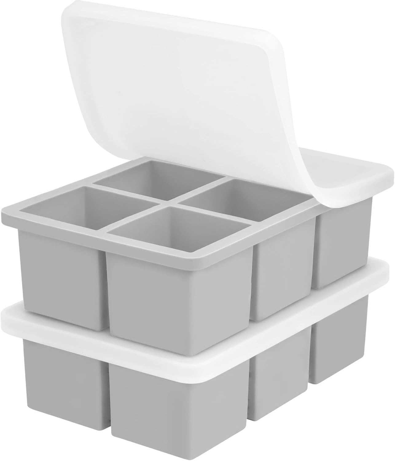 Large Silicone Ice Cube Tray 2Pack, SAWNZC Big Square Ice Cube Molds for Whisky Cocktail, Ice Maker Tray with Lid for Freezer, Easy Release (2, Grey)