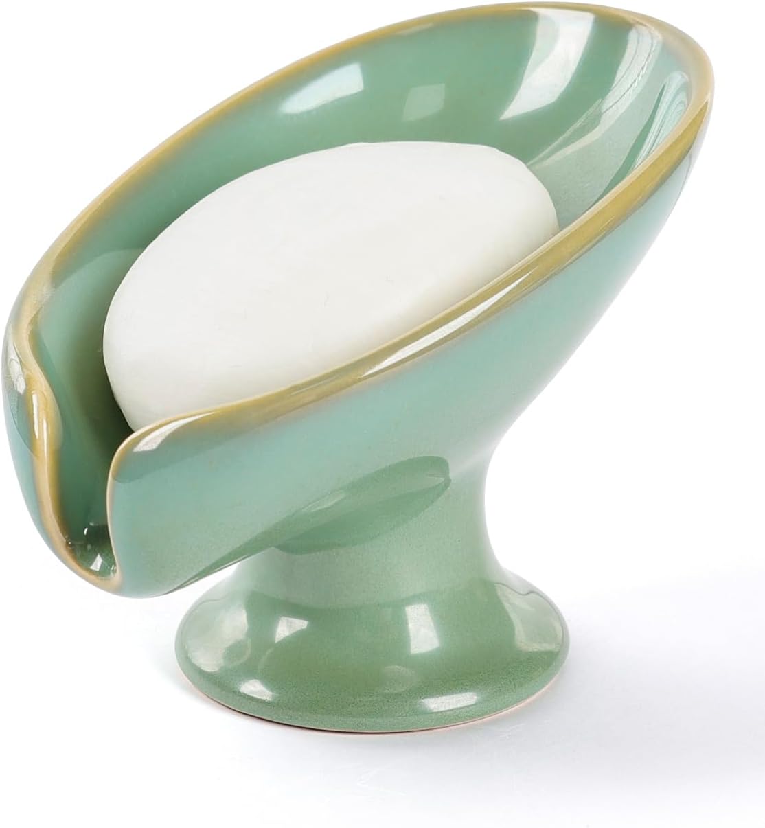Soap Dish, Self Draining Bar Soap Holder for Bathroom Sink, Leaf Shaped Drainage Ceramic Mint Green Porcelain Decorative Soap Dish, No Suction Cup, ANTIS'S HOME