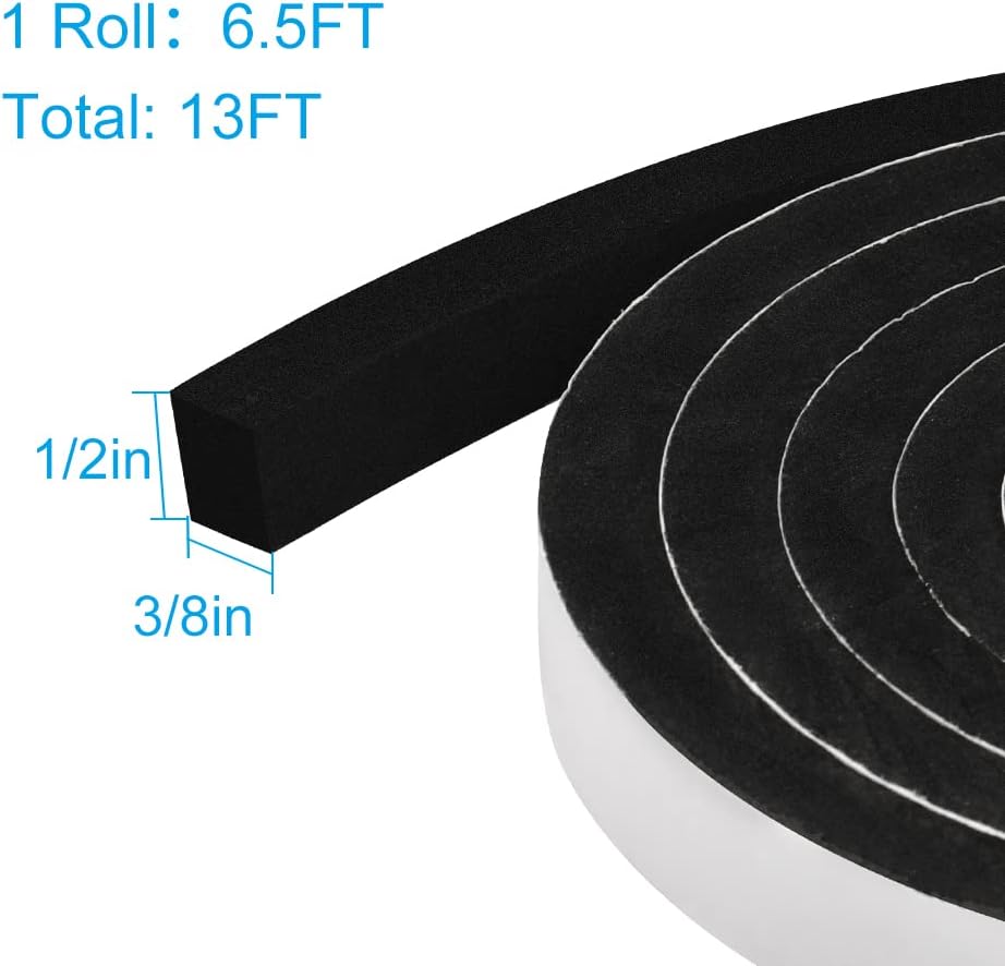 Weather Stripping Door Seal, 1/2 Inch Wide X 3/8 Inch High Density Foam Tape Weather Strip for Door and Window Insulation, Single Side Door Sealer Total 13FT