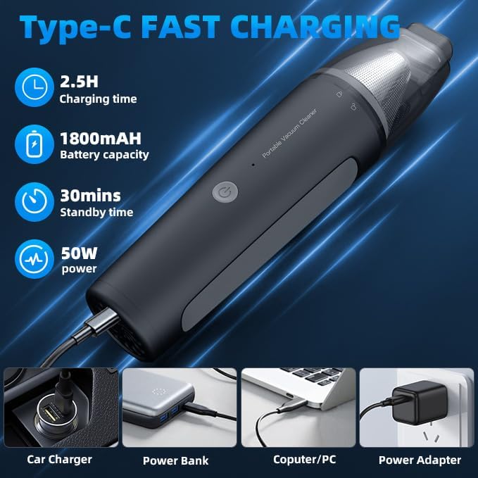 PATO Handheld Vacuum, 13000PA Portable Cordless Car Vacuum Cleaner, Suction and Blow 2-in-1 Dust Removal Vacuum Cleaner for Car, Home, Office, Pet. Black