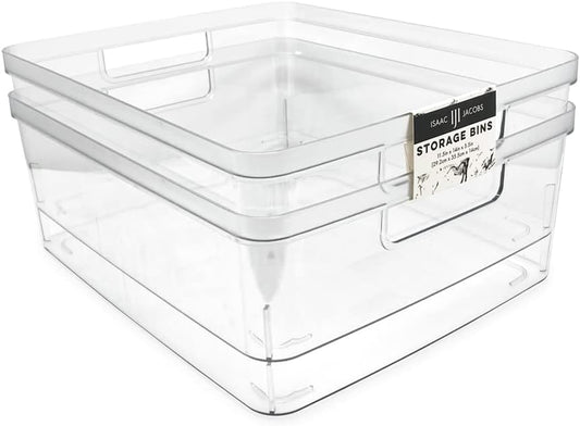 Isaac Jacobs 2-Pack Large Clear Storage Bins (11.5” L x 14” W x 5.5” H) w/Cutout Handles, Plastic Organizer for Home, Office, Kitchen, Fridge/Freezer, Bathroom, BPA Free, Food Safe (Large)