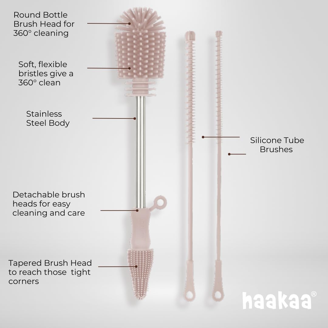 Haakaa Silicone Cleaning Brush Kit – Household Cleaning Brushes for Bottles and Crevices – Food-Grade Silicone: Dishwasher Safe (Brush-Grey)