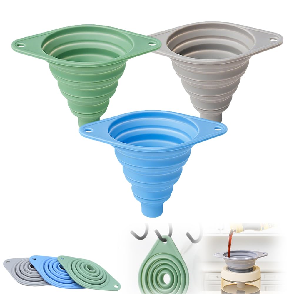 Kitchen Funnel Set, Wide-Mouth Foldable and Telescopic Design, Liquid Separation Funnel, Silicone (3 pcs)