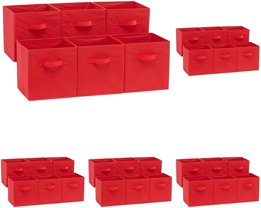 Amazon Basics Cube Organizer Storage Bins Handles, Collapsible Fabric, Pack of 30, 10.5"x10.5"x11", Red