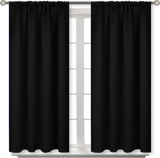 BGment Rod Pocket Blackout Curtains 48 Inches Length for Bedroom - Thermal Insulated Short Room Darkening Curtain Window Drapes, 42 x 48 Inch, 2 Panels, Black