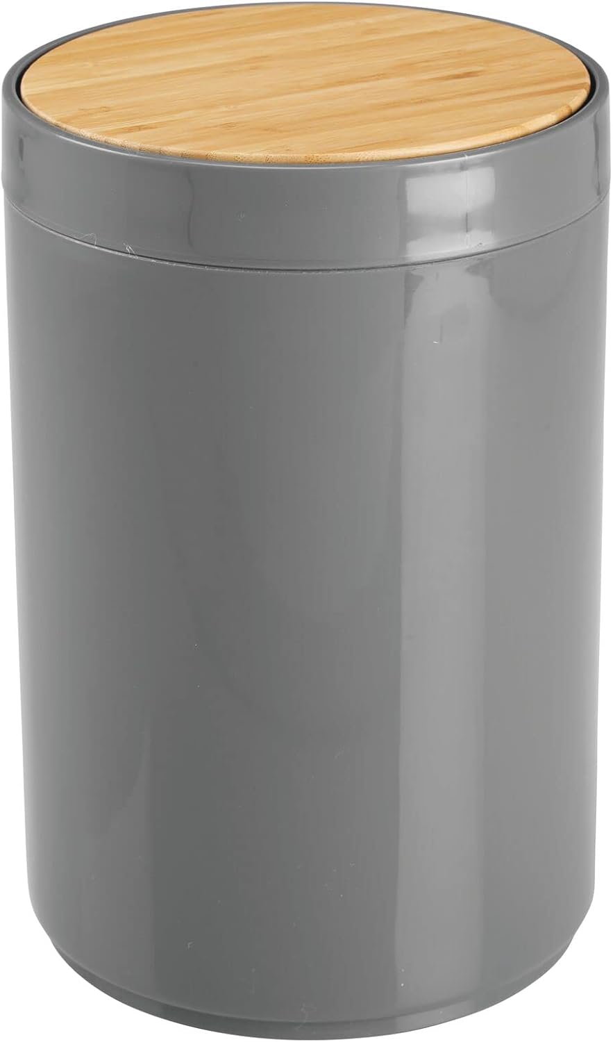 mDesign Plastic Round Trash Can Small Wastebasket - Garbage Bin Container with Swing-Close Lid - Bathroom Garbage Basket - Holds Waste, Recycling - 1.3 Gallon - Basa Collection - Charcoal Gray/Natural