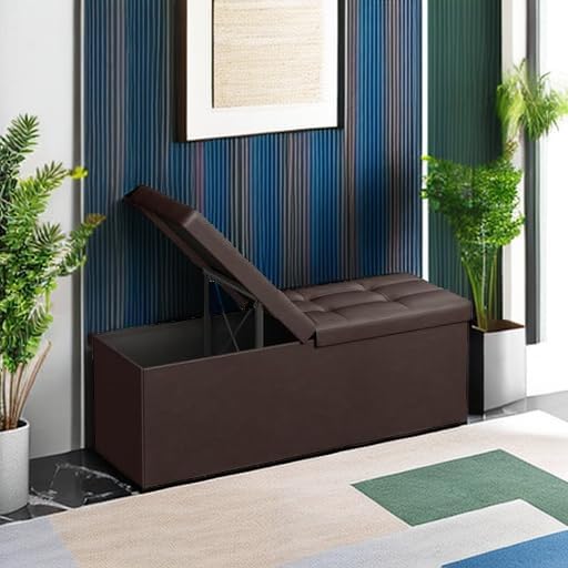 SONGMICS MAZIE Collection - 43 Inches Storage Ottoman Bench with Flipping Lid, Storage Chest with Iron Frame Support, Load 660 lb, for Living Room, Bedroom, Synthetic Leather, Brown ULSF75BR