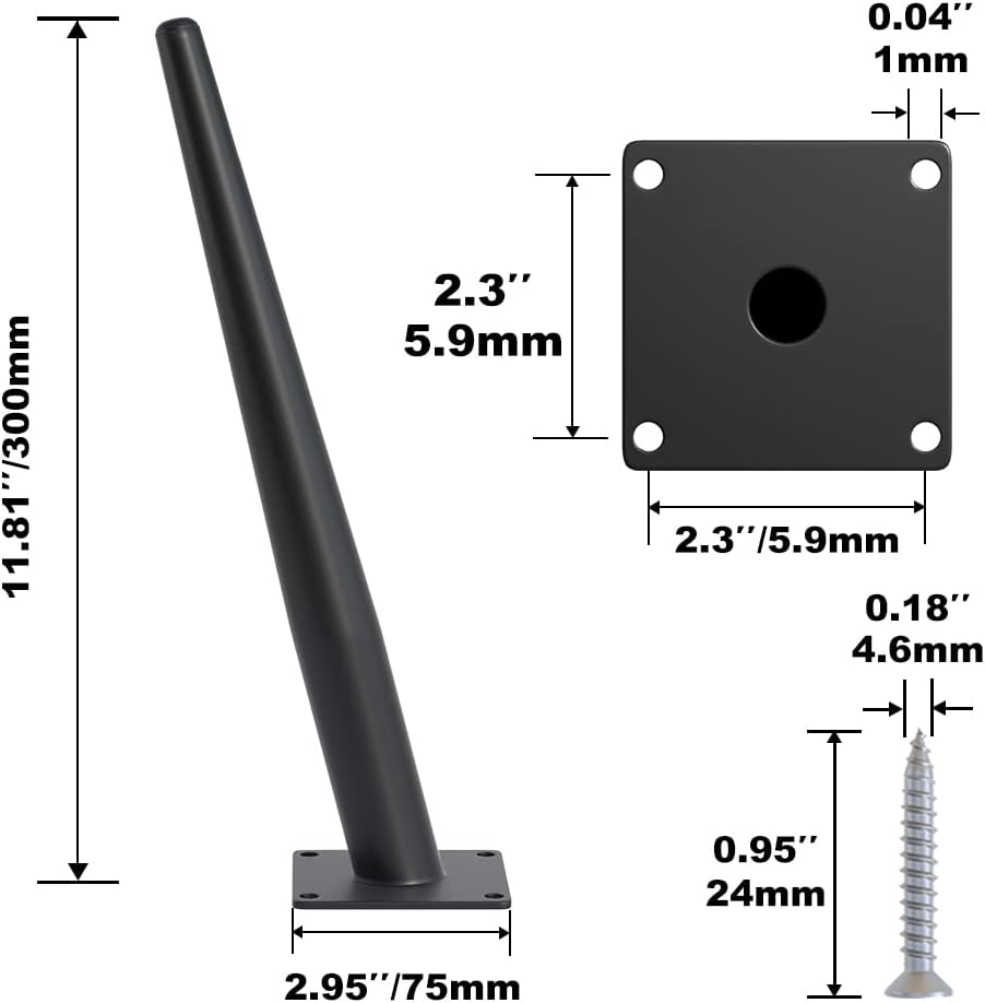 4PCS 12 Inch Matte Black Tapered Angled Legs for Furniture, Metal Mid Century Mordern Feet, Heavy Duty Slanted Stand Legs Kit for Couch, Coffee Table, Desk, Dresser, Sofa, Chair