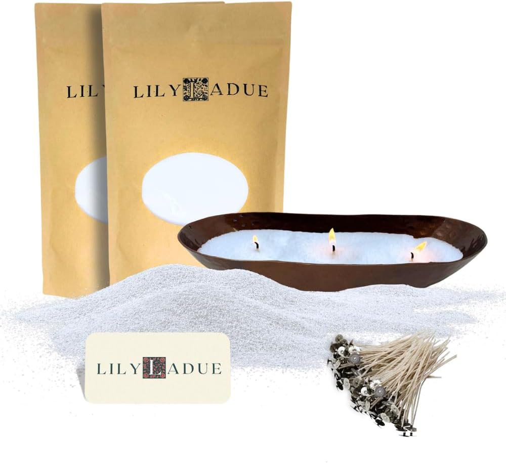 LILY LADUE Candle Refill Kit - 2Lb/32Oz Pearled Candles Sand and Wicks (48) and Hammered Bronze Holder, Reusable Unique Sand Candles with Wicks for Candle Making, Bulk Unscented Pearl Wax Beads