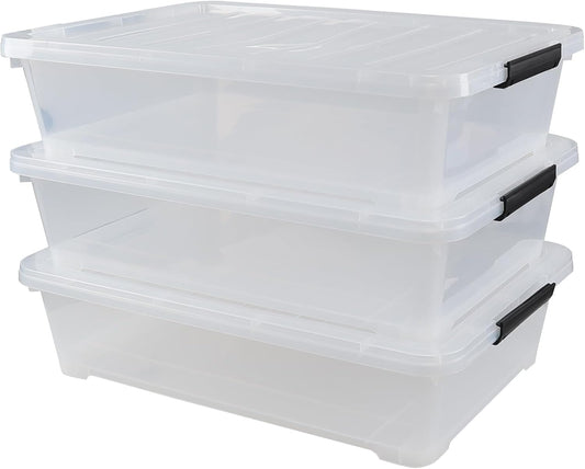3-Pack 50 Quart Under the Bed Low Profile Storage Boxes, Large Under Bed Storage Bin with Easy Rolling Caster Wheels, Clear