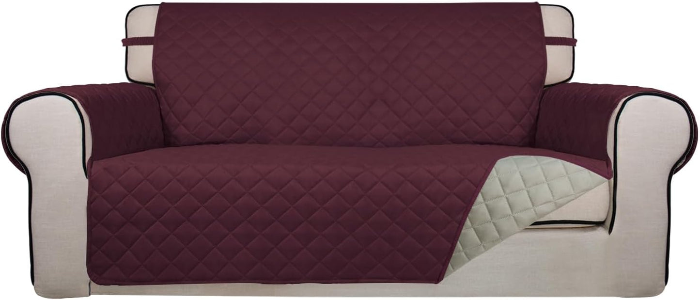 PureFit Reversible Quilted Sofa Cover, Water Resistant Slipcover Furniture Protector, Washable Couch Cover with Non Slip and Elastic Straps for Kids, Dogs, Pets (Oversized Loveseat, Wine/Beige)