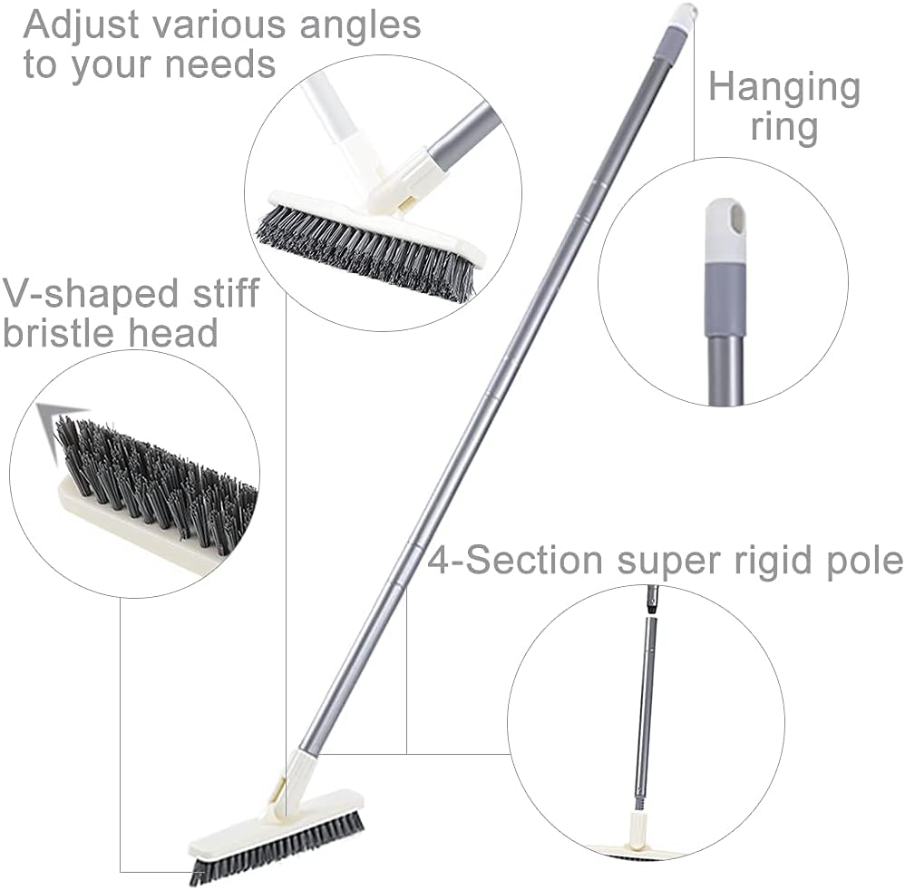 Grout Scrub Brush with Long Handle, Swivel Grout & Corner Cleaning Brush for Tile Floors, Stiff V-Shaped Bristle Grout Cleaner Brush for Grout Line, Deep Grooves, Walk in Shower, Bathroom and Kitchen