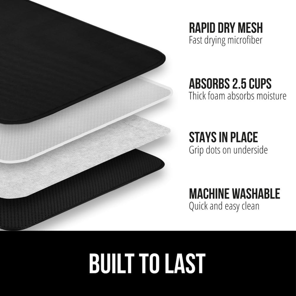 GORILLA GRIP Ultra Water Absorbent Microfiber Dish Drying Mat, Quick Dry Thick Mesh, Slip Resistant Pad for Sink Dishes or Under Rack, Kitchen Counter Accessories, 16x18, Machine Wash, 2 Pack Black