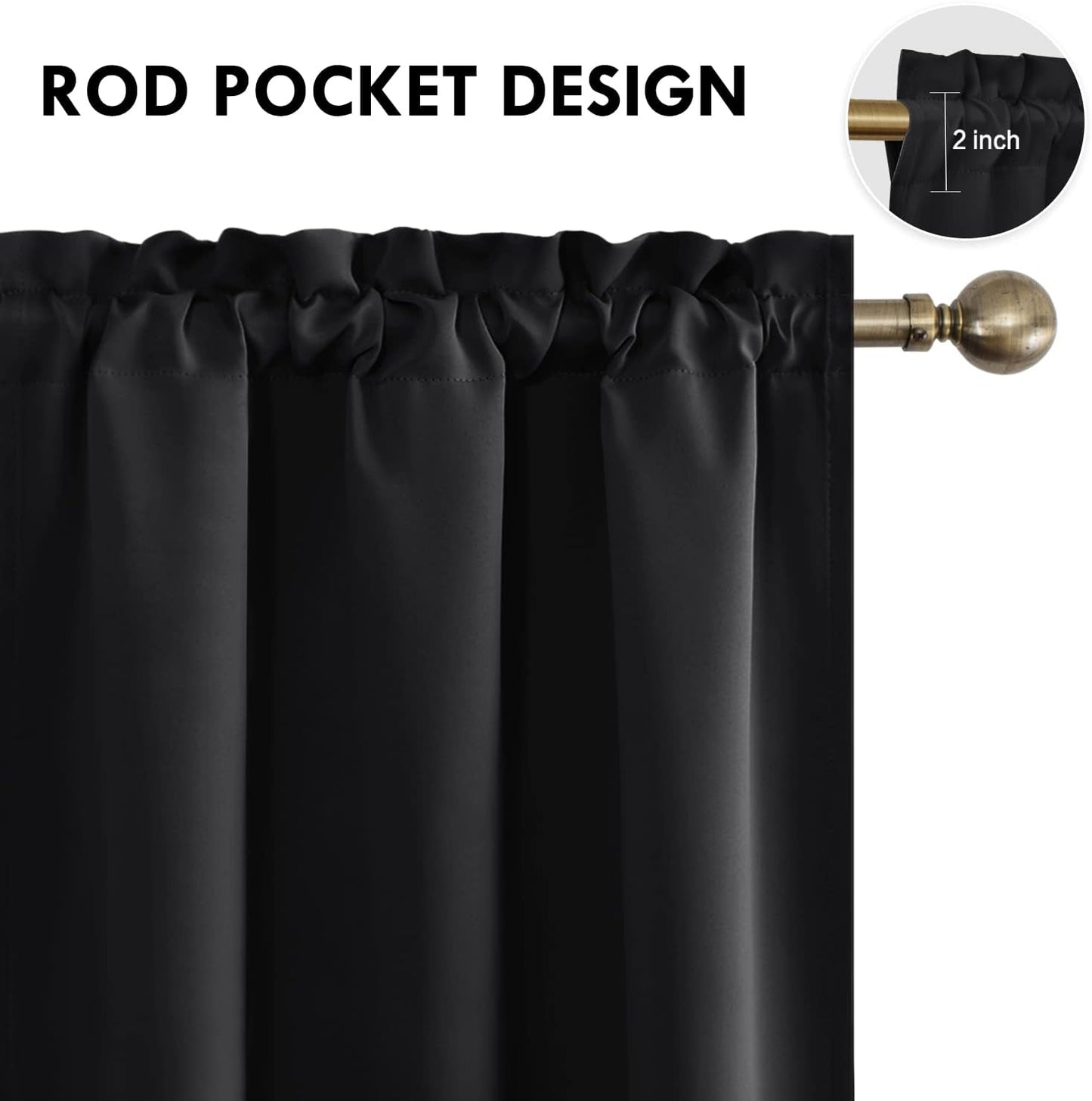 DWCN Blackout Curtains Room Darkening Thermal Insulated Bedroom Curtains Window Treatments, 42 x 45 inches Long, Set of 2 Black Rod Pocket Drapes