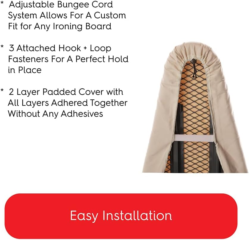 TIVIT Ironing Board Cover 18 x 49 - Made in Italy - Wide Chemical Free Eco-Friendly Padded Covers - Unbleached, Untreated Natural Cotton & Wool Pad - 2 Layer, 3 Fastener Straps, Pull Bungee Cord