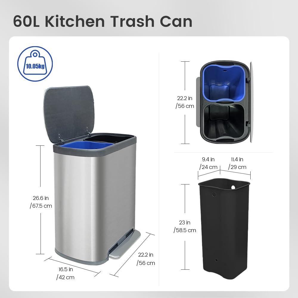 Kitchen Trash Can 16 Gallon, 2 x 30 Liters Trash and Recycle bin Combo, Dual Compartment & Soft Close Lid, Stainless Steel Trash Can, Fingerprint-Proof, 60L Pedal Recycling Bin