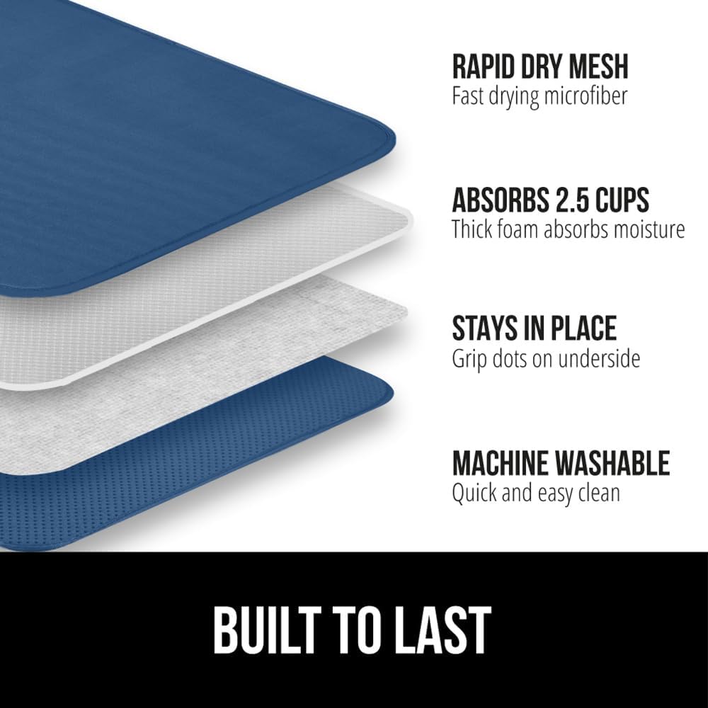 GORILLA GRIP Ultra Water Absorbent Microfiber Dish Drying Mat, 18x32, Quick Dry Thick Mesh, Slip Resistant Pad for Sink Dishes or Under Rack, Kitchen Counter Accessories, Machine Wash, Blue