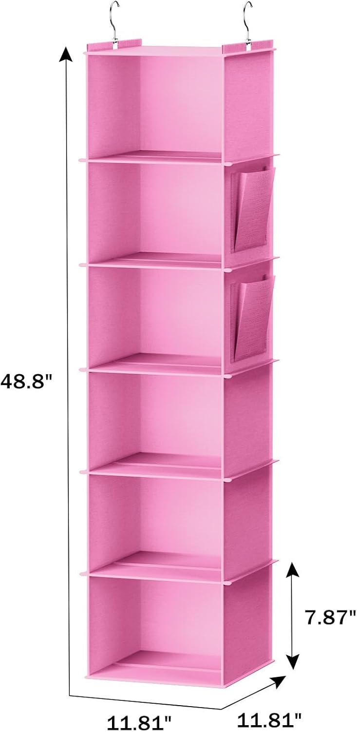 YOUDENOVA Hanging Closet Organizer and Storage, 6-Shelf Closet Hanging Storage Shelves, Light Pink