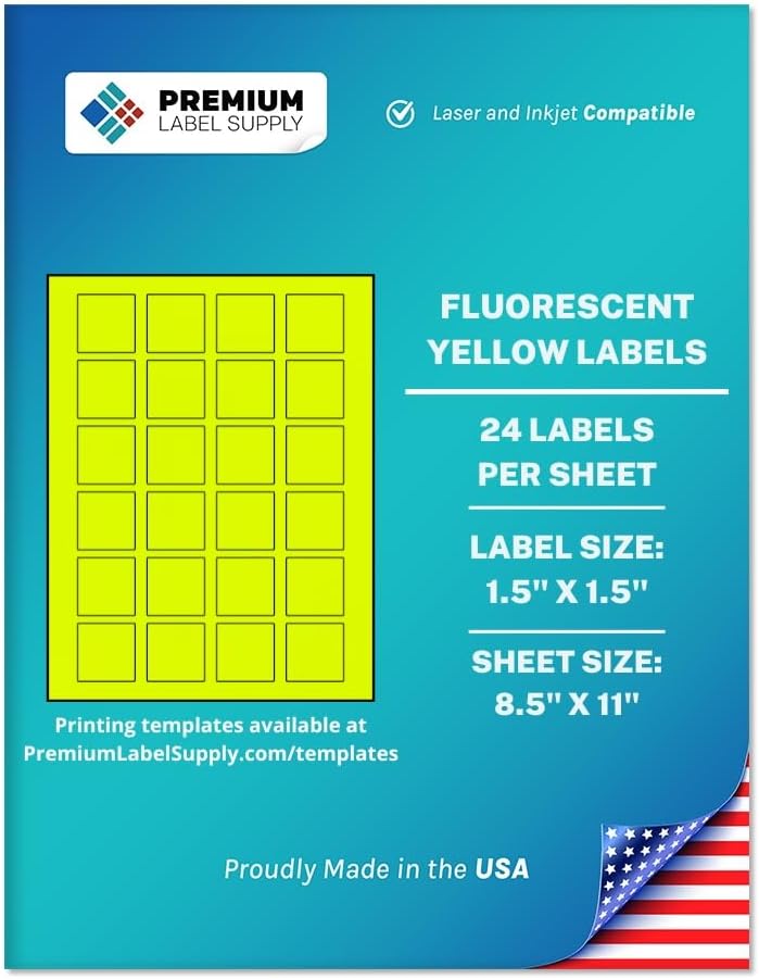 Premium Label Supply Bright Neon Color Fluorescent Sticker Labels - 1.5" x 1.5" Square Labels - (Fluorescent Yellow, 600 Labels)
