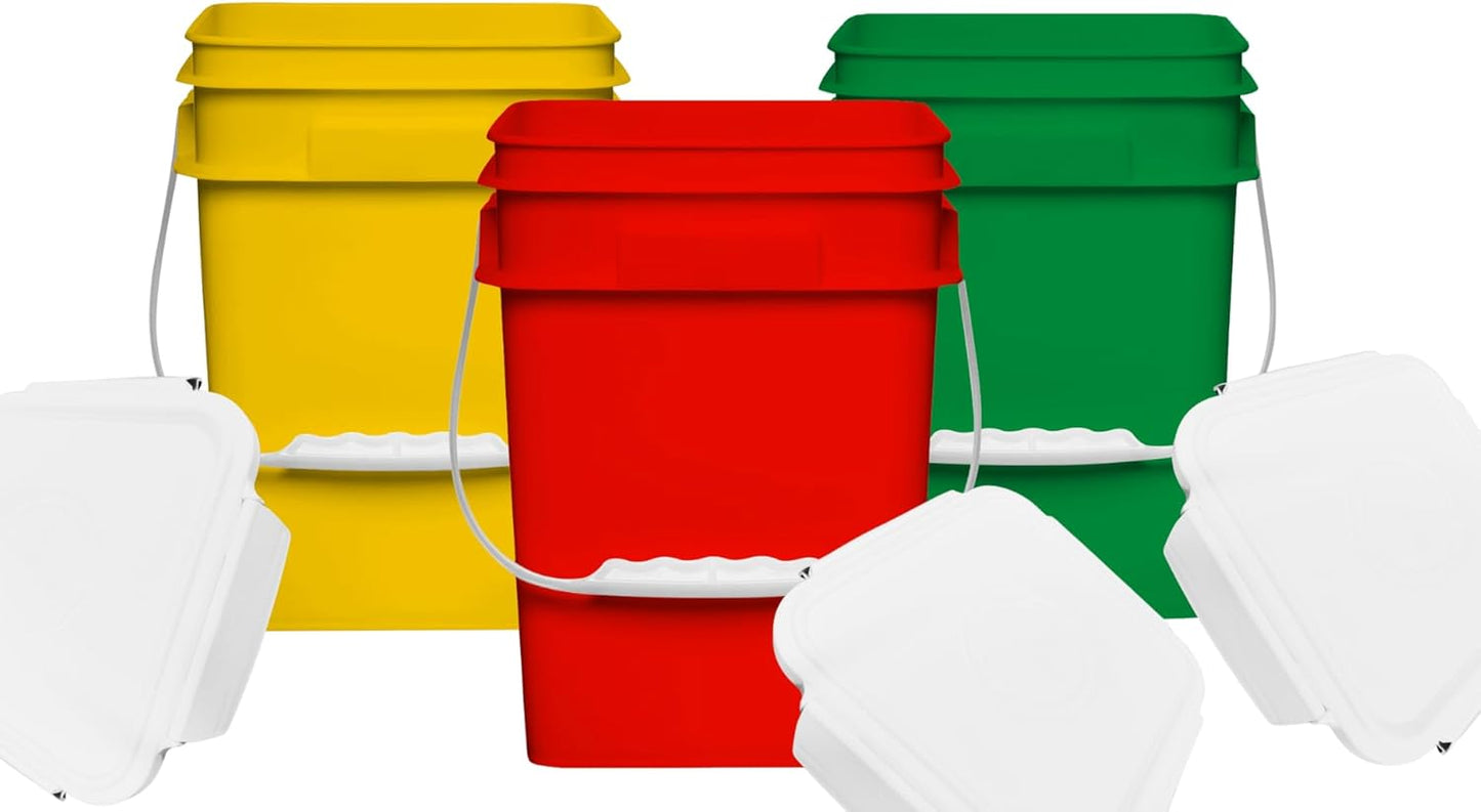 House Naturals 4 Gallon Square Food Grade Bucket Pail with Plastic Handles and Lid (Pack of 3) Made in USA containers (Yellow-Green-Red)
