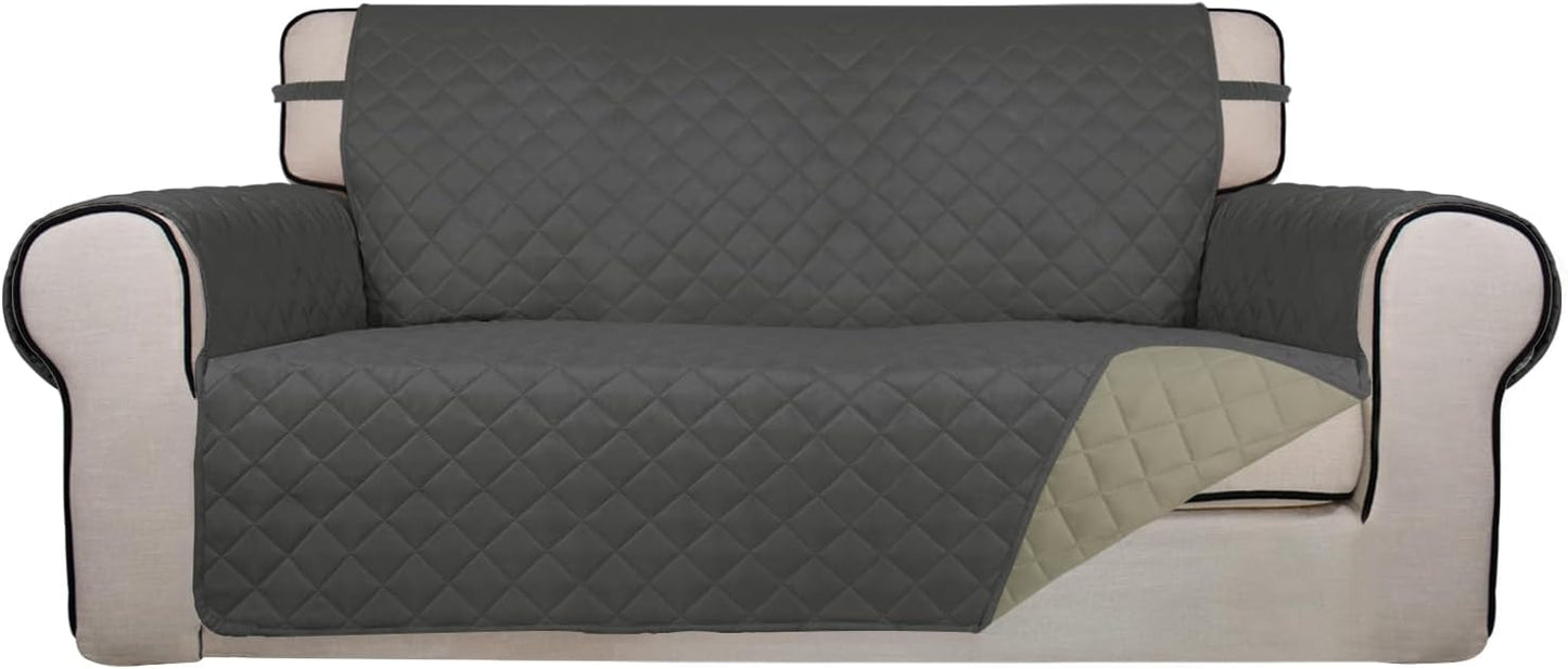 PureFit Reversible Quilted Sofa Cover, Water Resistant Slipcover Furniture Protector, Washable Couch Cover with Non Slip and Elastic Straps for Kids, Dogs, Pets (Oversized Loveseat, Dark Gray/Beige)