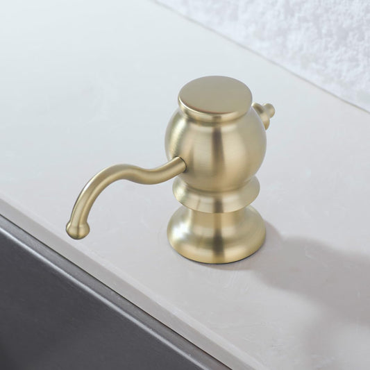 RANDOM Built in Sink Soap Dispenser for Kitchen Sink,Brushed Gold Solid Brass Pump Head with Soap Dispenser Extension Tube Kit and 11 Ounce Large PET Liquid Soap Bottle.RD84038BG