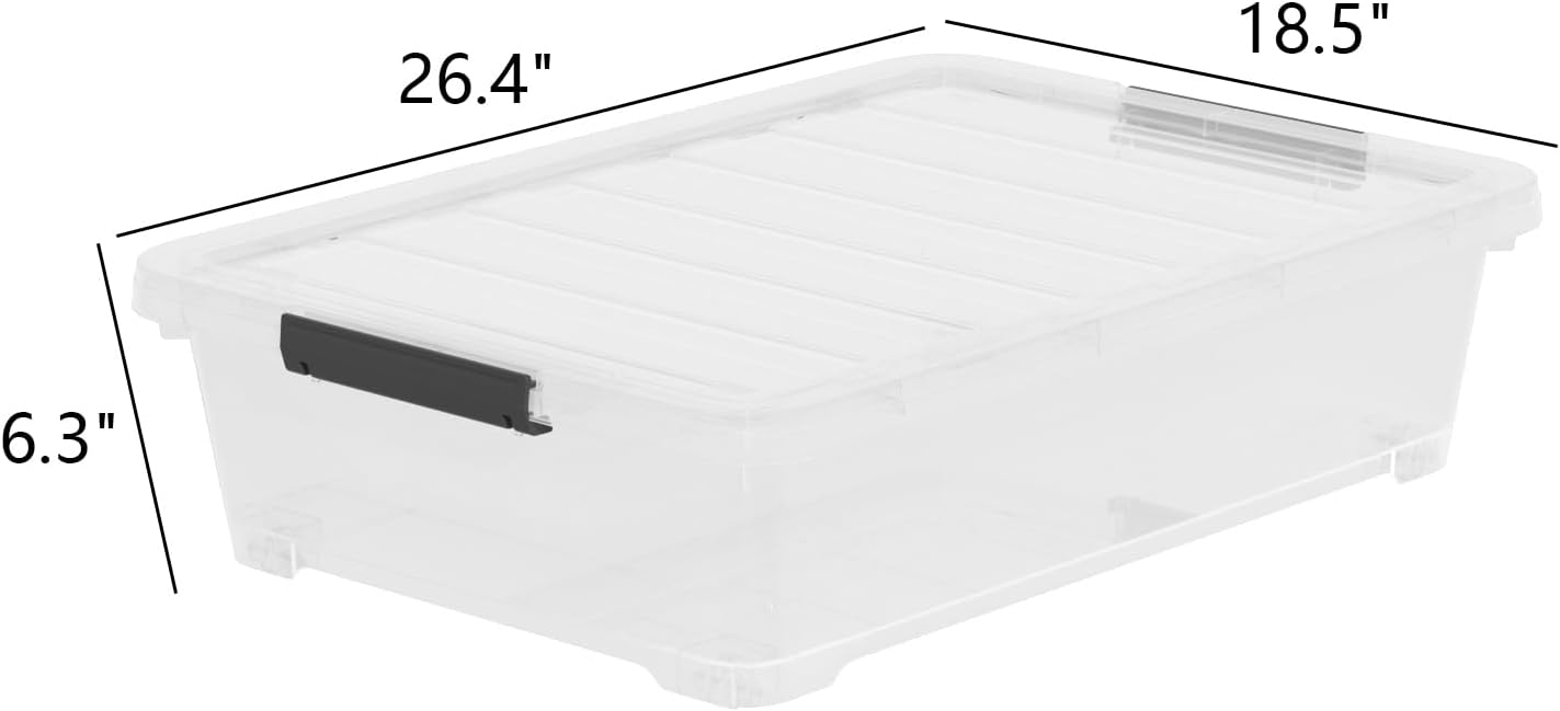 4 Packs Under Bed Storage Containers with Clear Lid, Large Stackable Plastic Latching Bins with Rolling Wheels, 40 Quart