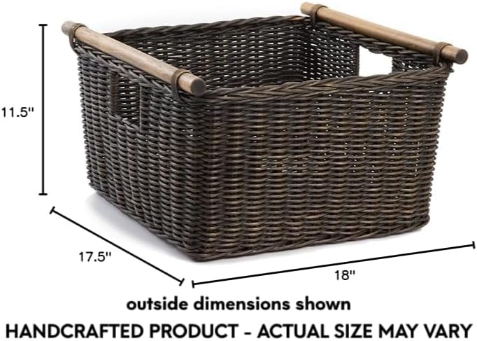 The Basket Lady Deep Pole Handle Wicker Storage Basket, Extra Large, 17.5 in L x 18 in W x 11.5 in H, Antique Walnut Brown