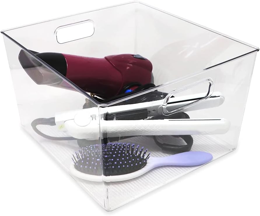 Isaac Jacobs 3-Pack XL Clear Storage Bins with Handles, Plastic Organizer for Office, Home, Kitchen, Pantry, Closet, Kids Room, Cube Shelf, Non-Slip Container Set (3-Pack, Extra-Large)