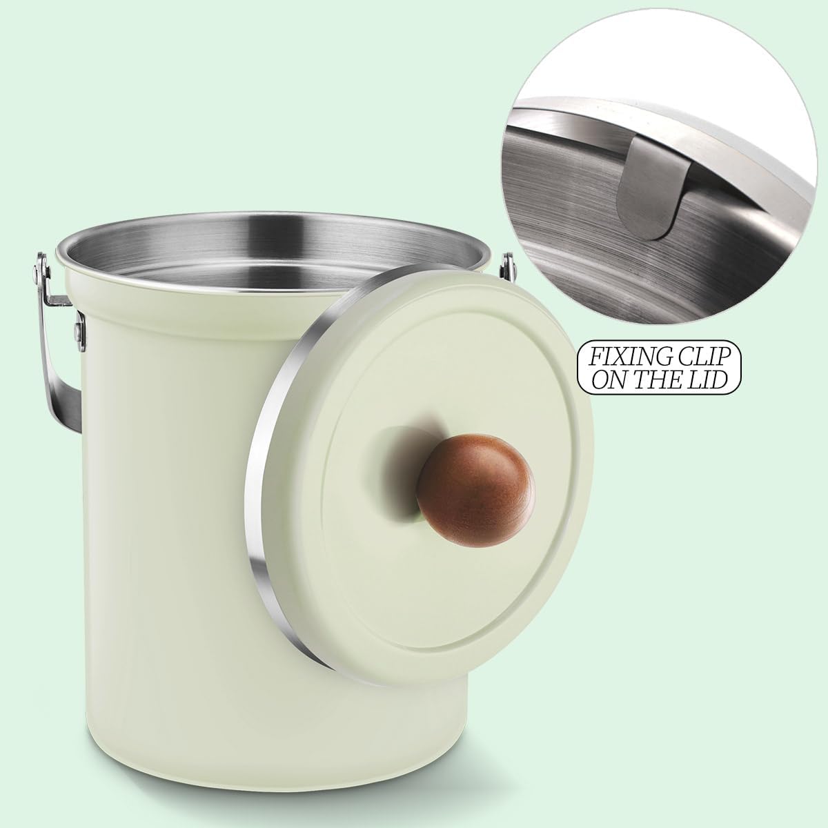 Kitchen Countertop Compost Bin 101Ounces / 3Liter with Airtight Lid, SUS304 Stainless Steel Odor-Free Food Waste Bin with Wooden Handle Stylish Design/Bathroon Trash Can (Mint Green)