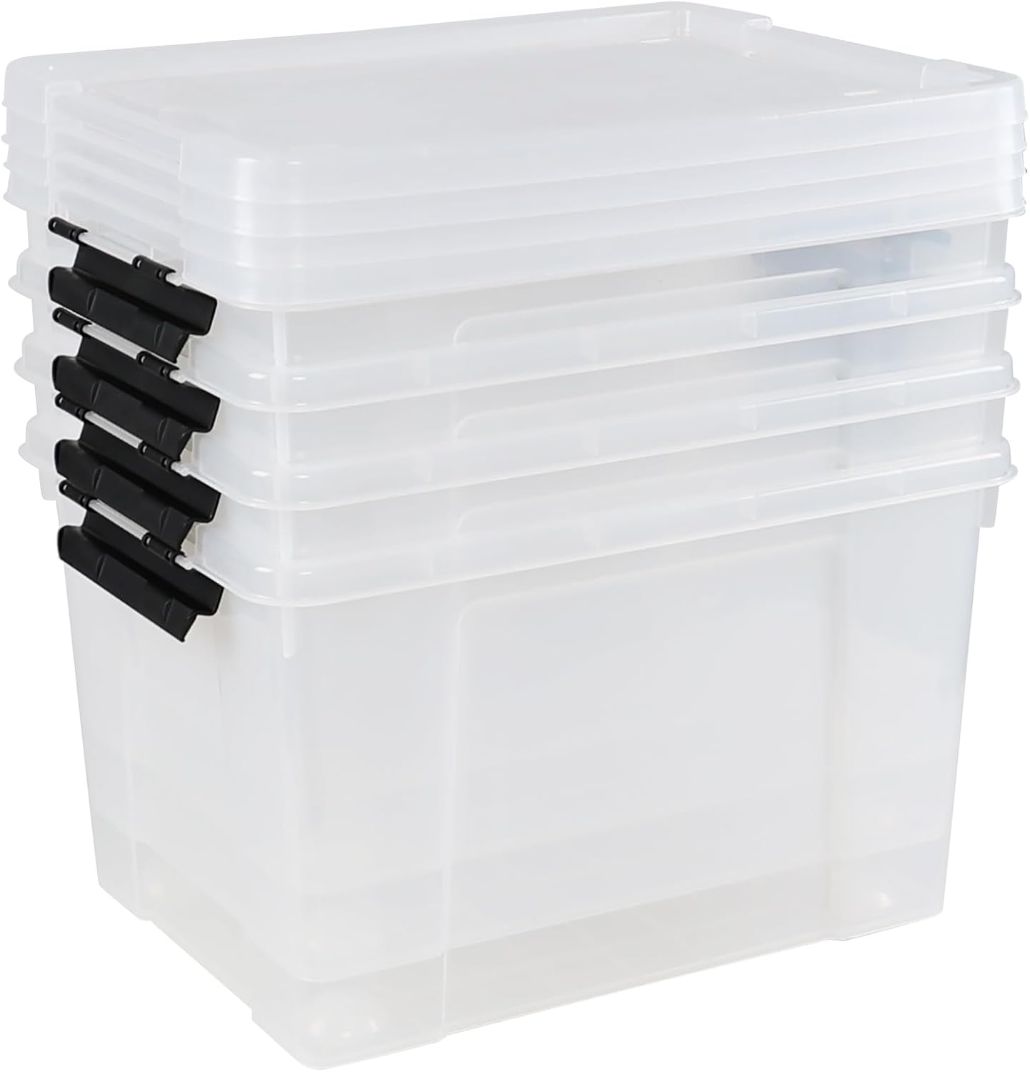 34 L Clear Plastic Storage Bins Box with Lid, Stackable Lidded Storage Bin Container with Wheels and Secure Latching Buckles, 4 Packs