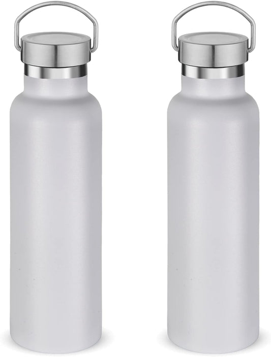 Neihepal 20 oz Insulated Water Bottles Bulk 2 Pack,Stainless Steel Double Wall Sport Bottle with Lid of Handle,Metal Reusable Thermoses Flask with Cup Cap for School,Cyclists,Gift (White,Set of 2)