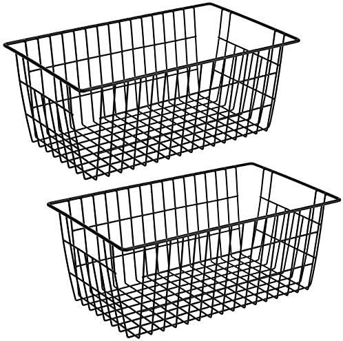 SANNO Freezer Baskets Wire Storage Baskets Closet Baskets Bin Farmhouse Organizer Storage Bins Large Organizer Bins for Home, Office, Bathroom, Pantry Organization Storage -Black Set of 2, 15.7"