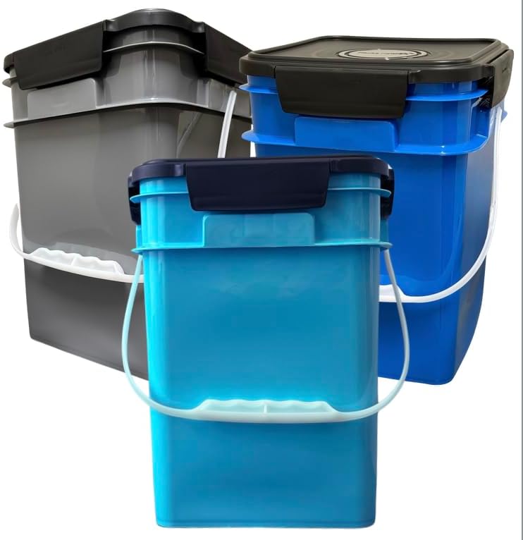 House Naturals 4 Gallon Square Food Grade Bucket Pail with Plastic Handles and Lid (Pack of 3) Made in USA containers (Aqua/Blue/Gray)