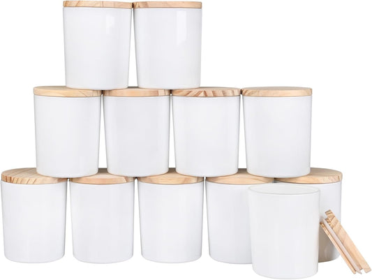 Thick Candle Jars for Making Candles 12 Pcs, 7 OZ Empty Jars with Wood Lids for Candle Making, Sample Container, Light White