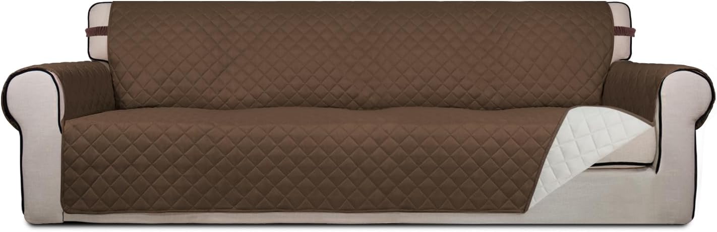 PureFit Reversible Quilted Sofa Cover, Water Resistant Slipcover Furniture Protector, Washable Couch Cover with Non Slip and Elastic Straps for Kids, Dogs, Pets (4 Seater Sofa, Coffee/Ivory)