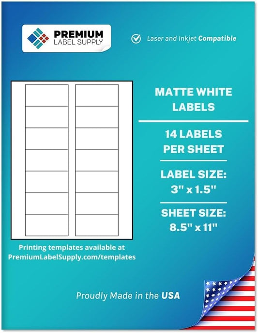 Premium Label Supply White Sticker Bottle Labels – 3" x 1.5" – Laser/Inkjet Compatible – (14 per Sheet), 1000 Sheets – 14,000 Total Adhesive Labels