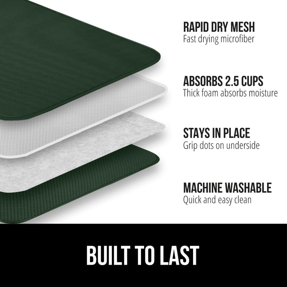GORILLA GRIP Ultra Water Absorbent Microfiber Dish Drying Mat, Quick Dry Thick Mesh, Slip Resistant Pad for Sink Dishes Under Rack, Kitchen Counter Accessories, 16x18, Machine Wash, 2 PK Hunter Green
