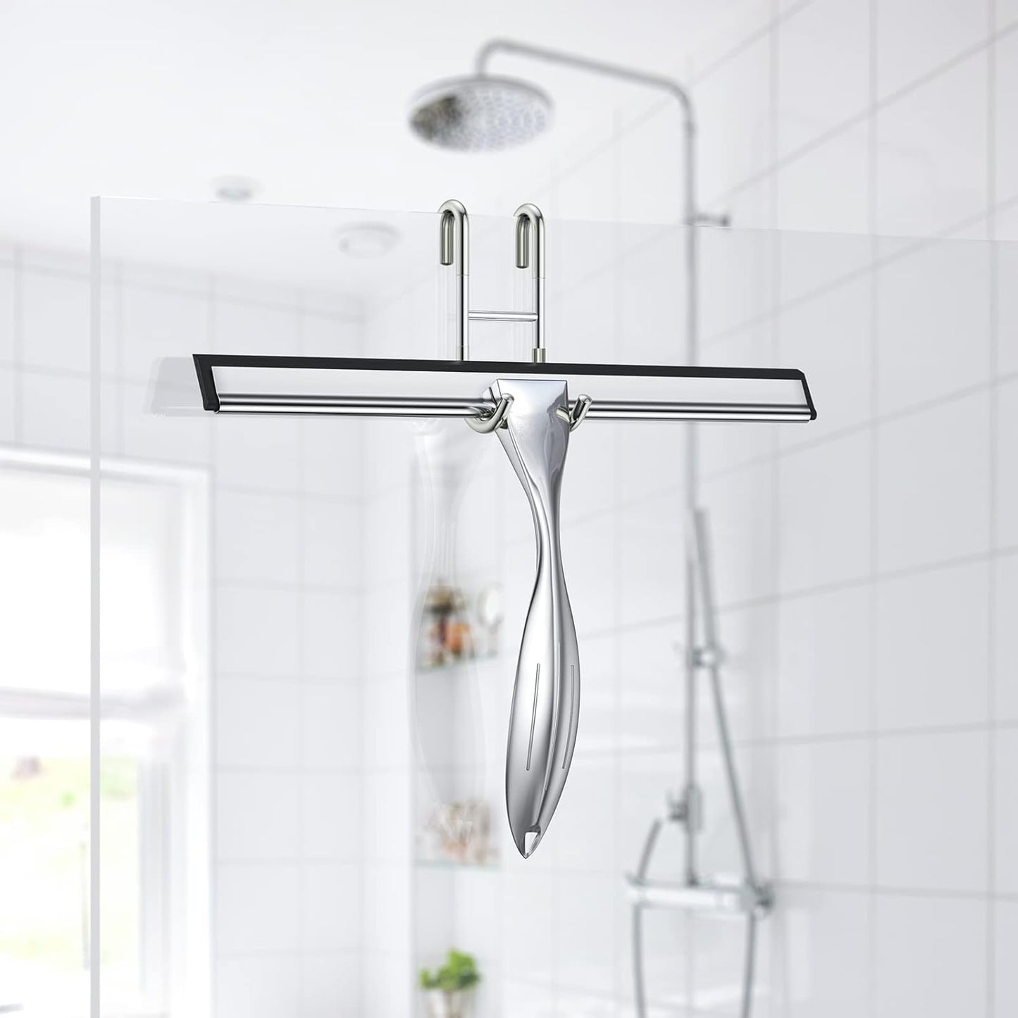 14-Inches Stainless Steel Shower Squeegee Set, Include Shower Door Hook, Adhesive Hook and Spare Silicone Blade, Window Squeegee for Shower Glass Door, Bathroom, Mirror, Window and Car Glass