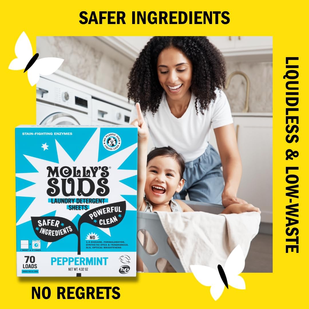 Molly’s Suds Laundry Detergent Sheets | Gentle on Sensitive Skin, Powerful Bio-Based Enzymes, Stain-Fighting | Liquidless & Plastic-Free Packaging | 70 Loads (Peppermint)