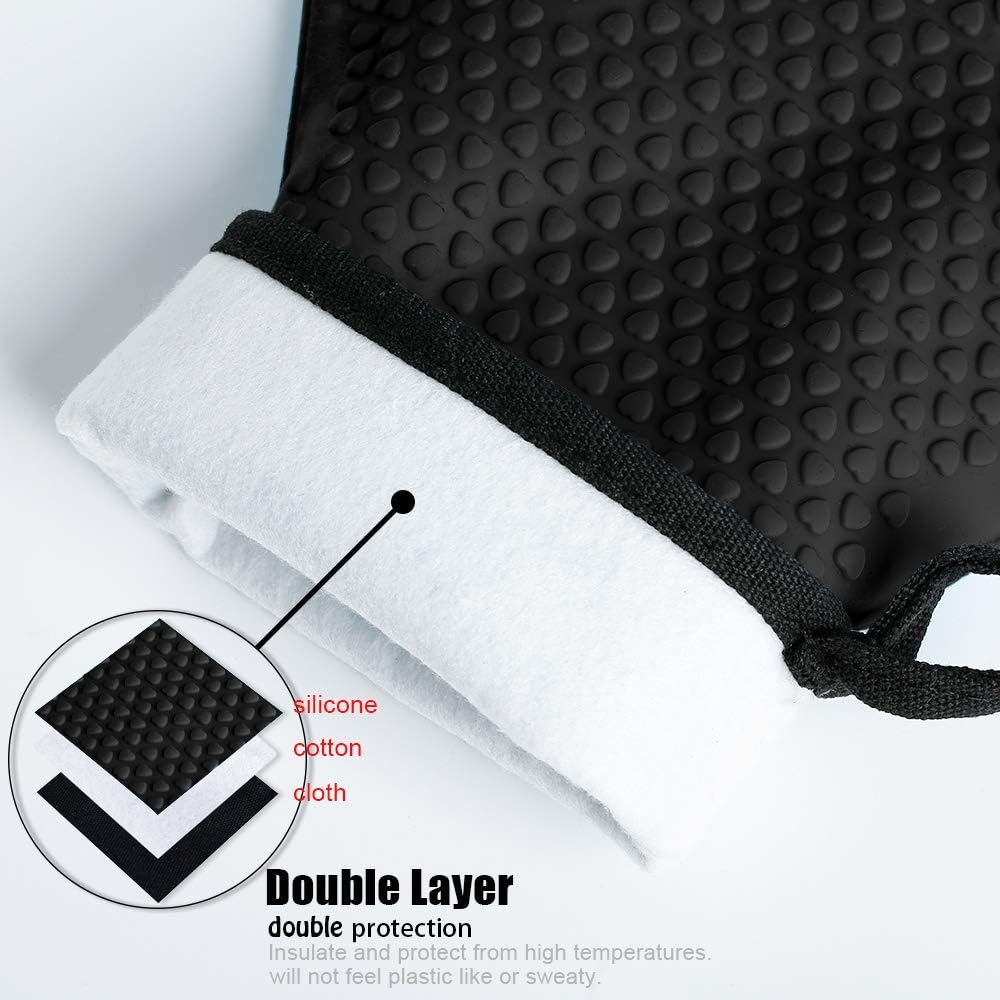 Kitchen Oven Gloves - Dual-Layer Heat Resistant Grilling Gloves, Silicone Oven Mitts with 5 Fingers, Waterproof Non-Slip Pot Holder for Barbecue, Cooking, Baking (Black)