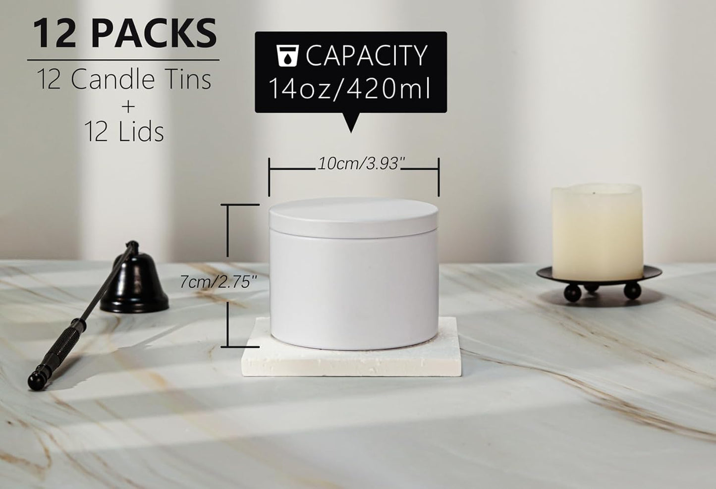 Tins With Lids, 3 Wicks Containers 12 Pack 14oz/420ml Seamless Bulk for Candle Making Supplies Wholesale Empty Jars - White