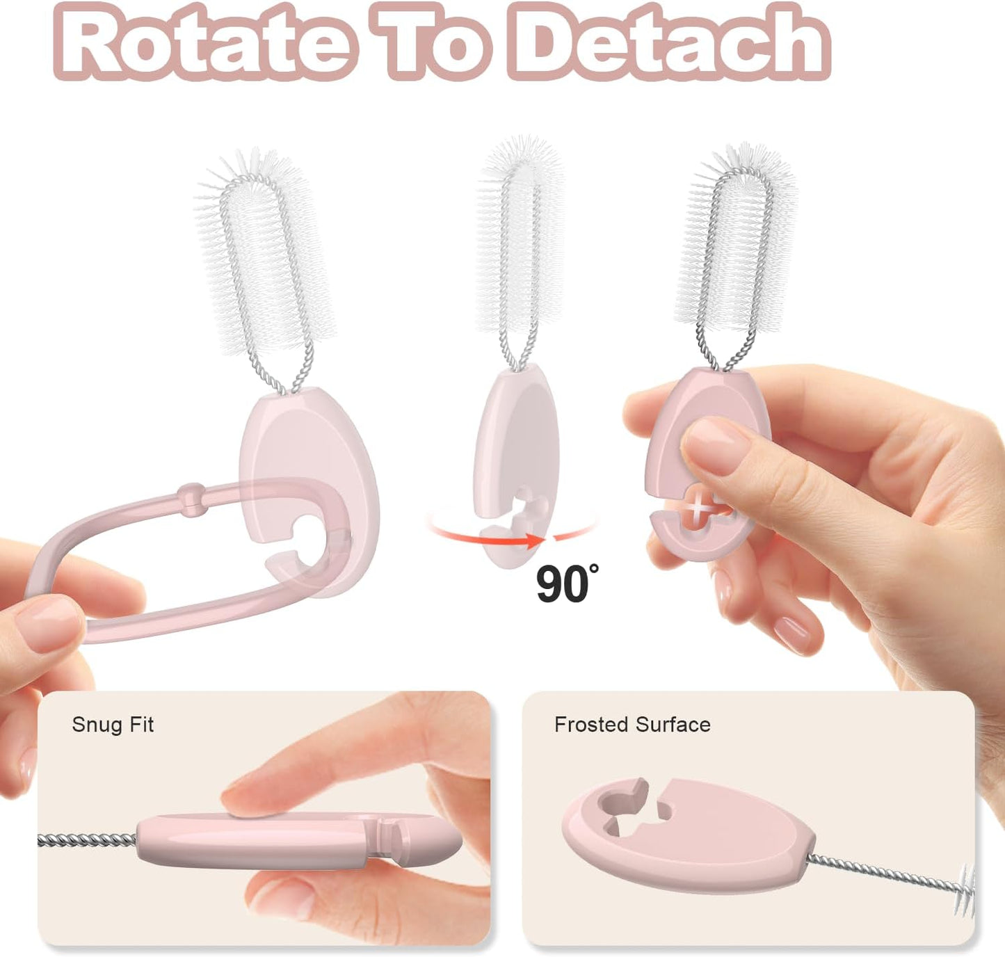 YOTIME Standing Straw Cleaner Brush Set, 4in1 Reusable Straw Brushes with Holder Ring, for Baby Bottles, Sippy Cups and Lids, Pink