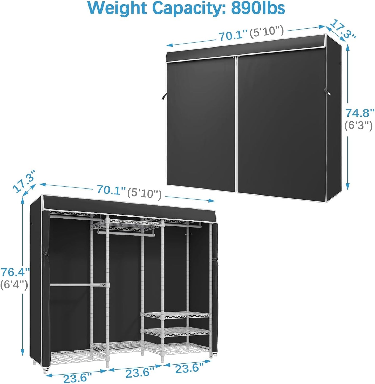 VIPEK V5C Bedroom Armoires Portable Clothes Closet Rack, White Metal Clothing Rack with Black Cover, Adjustable Custom Freestanding Closet Wardrobe Heavy Duty Covered Clothes Rack, Max Load 890LBS