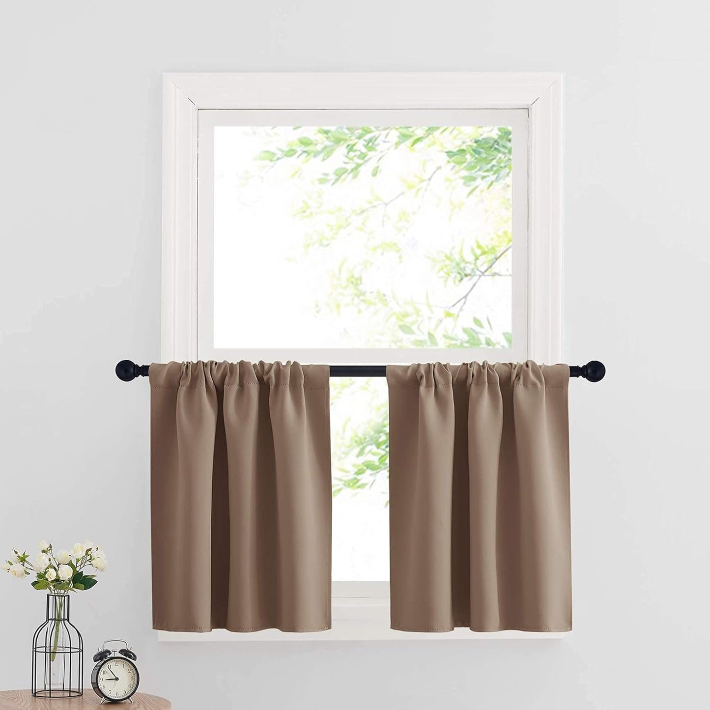 RYB HOME Half Window Curtains Blackout Shades Small Draperies for Living Room, Short Curtains for Cafe Shop/Kitchen, 29 inches Wide x 24 inch Long Per Panel, Mocha, 2 Panels