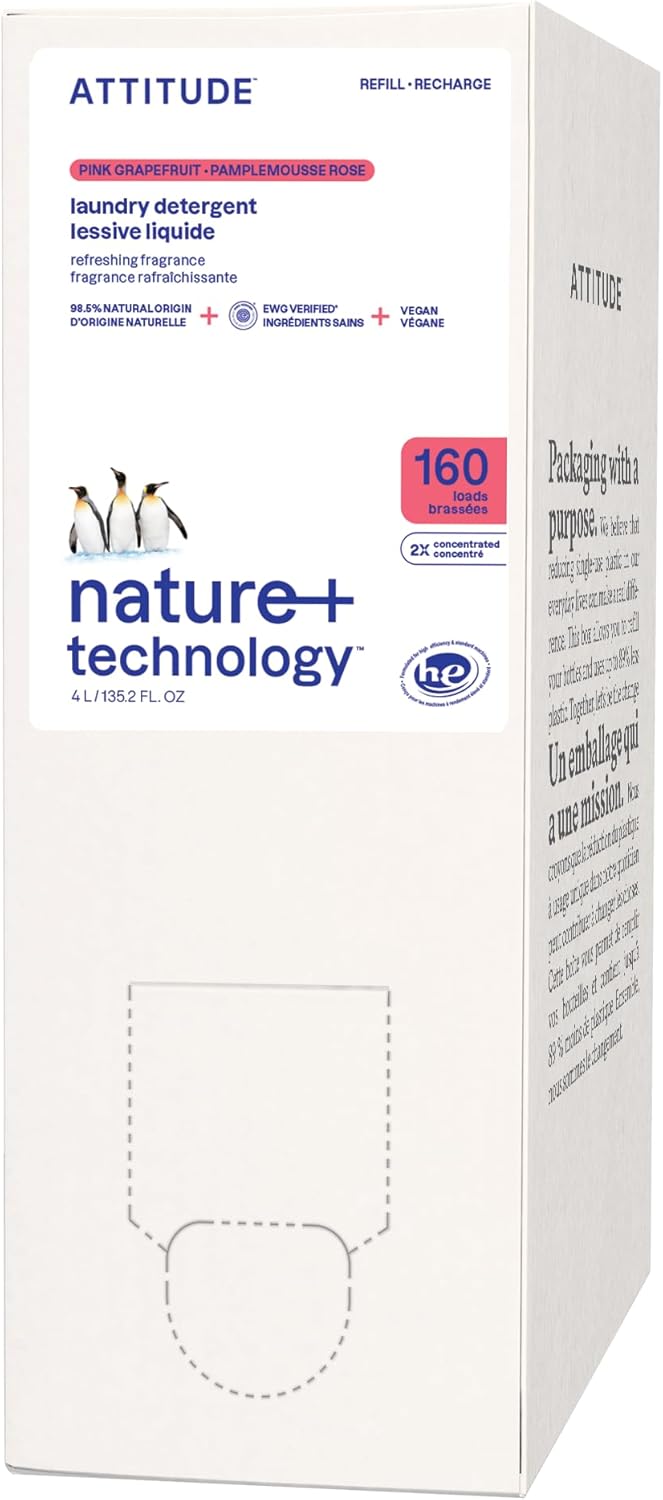 ATTITUDE Liquid Laundry Detergent Refill, EWG Verified, HE Compatible, Plant-Based & Vegan, Natural Laundry Soap, Pink Grapefruit Scent, 160 Loads, 135.26 Fl Oz