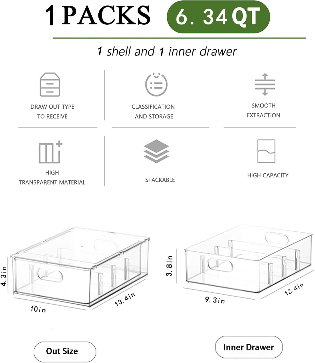 bealy Stackable Clear Storage Drawer with 3 Dividers for Pantry Shelf, Fridge Organizer for Fruit, Food,Vegetable, Pantry Containers Organization,BPA Free,6.34QT