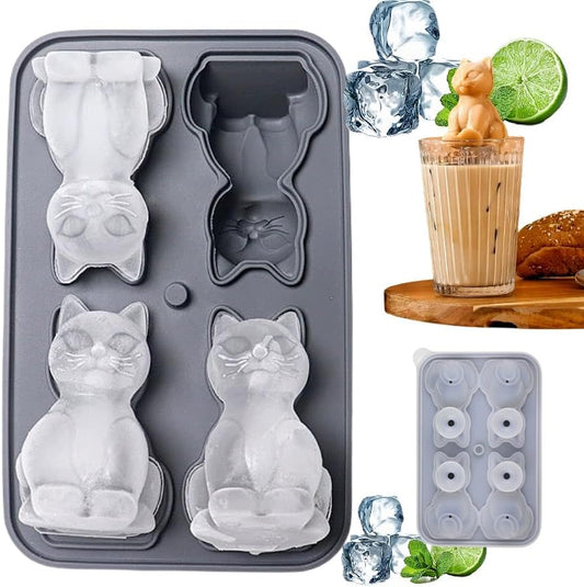 Cute 3D Cat Silicone Ice Cube Tray Mold Cartoon Animal Ice Box BPA-Free (Grey)